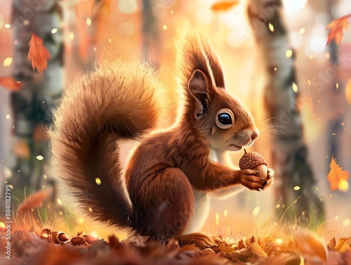 Adorable Baby Squirrel Holding Acorn in Warm Autumn Forest Glade