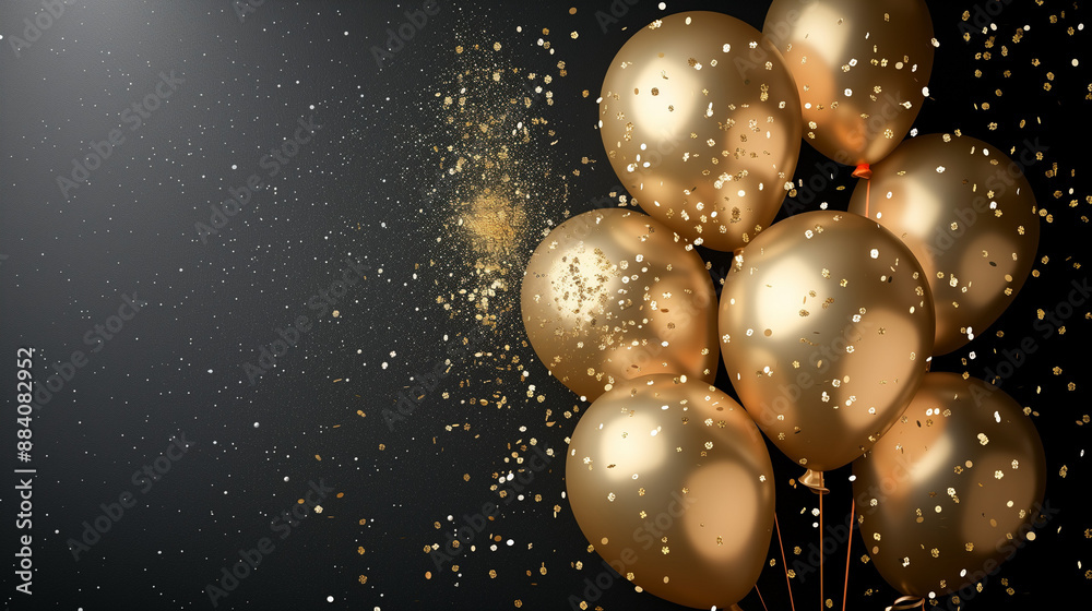 Luxurious golden balloons and sparkling confetti on a black background, perfect for celebrating special occasions in a stylish manner Luxurious golden balloons and sparkling confetti on a black background, perfect for celebrating special occasions in a stylish manner