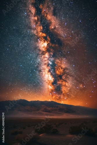Milky Way over Death Valley at night, with vivid stars enhancing the dark landscape below