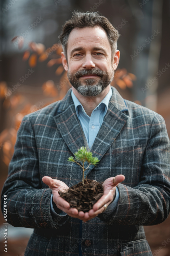 A man with a plaid jacket smiles while holding a small tree seedling in his hands, symbolizing growth and environmental care. A man with a plaid jacket smiles while holding a small tree seedling in his hands, symbolizing growth and environmental care.