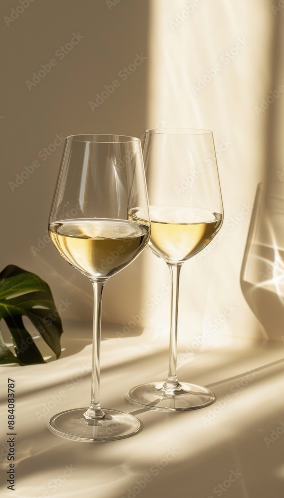 Two glasses of white wine against a light beige background, illuminated by bright sunlight with Two glasses of white wine against a light beige background, illuminated by bright sunlight with