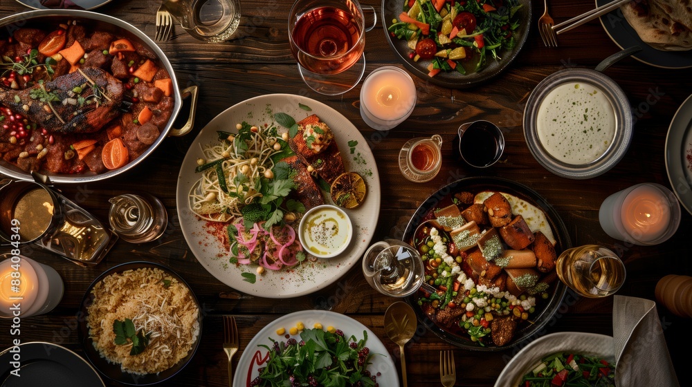 Overhead shot of a festive table with delectable dishes and drinks, beautifully arranged for a celebration. Overhead shot of a festive table with delectable dishes and drinks, beautifully arranged for a celebration.