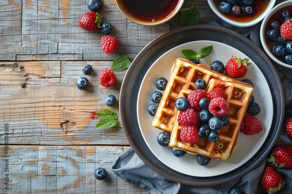 Top view of plates of Belgian waffles with berries on a wooden table Top view of plates of Belgian waffles with berries on a wooden table