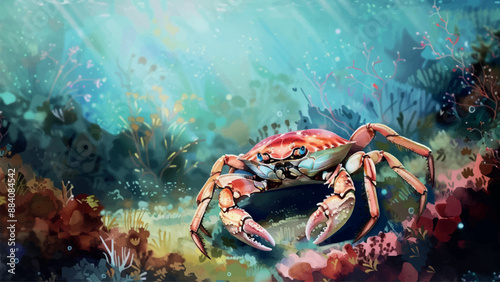 Watercolour Crab on the Seabed Background Illustration Marine Life Ocean Floor Underwater Scene Artistic Painting Adventure Illustration Sea Creature Coastal Art Aquatic Wildlife