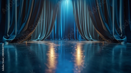 Elegant blue velvet curtains on a stage with spotlights shining on the floor