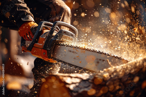 Naklejka Lumberjack with chainsaw cutting log
