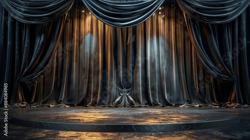 Luxurious black and gold theater stage with spotlights illuminating the empty platform