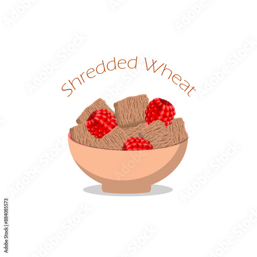Shredded Wheat Day event food banner. Bowl of shredded wheat with raspberries isolated on white background to celebrate on July 31st