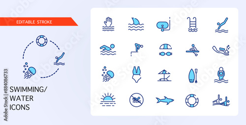 Swimming icons. Swimming, water icons. A vector image. A set of linear icons.