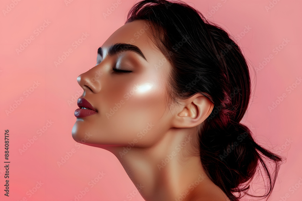 Perfection in profile Studio shot of a beautiful young woman posing with her eyes closed against a pink background Perfection in profile Studio shot of a beautiful young woman posing with her eyes closed against a pink background