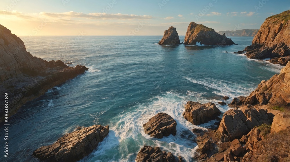 Rocky Cove at Sunrise: A secluded rocky cove at sunrise with the first light of day breaking over the horizon, casting soft light on the rugged cliffs and calm sea. Rocky Cove at Sunrise: A secluded rocky cove at sunrise with the first light of day breaking over the horizon, casting soft light on the rugged cliffs and calm sea.