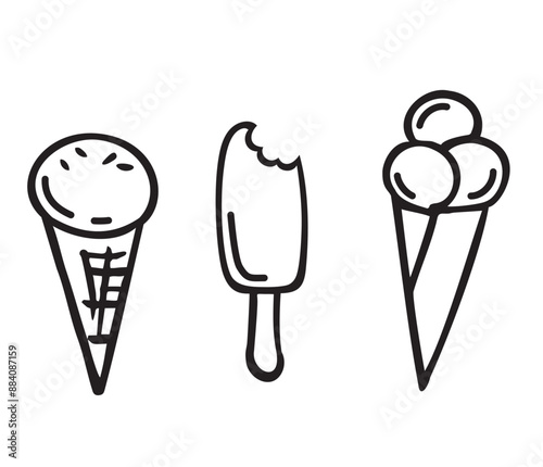 Hand drawn set of doodle with different ice cream types: waffle cone, cup ice cream, popsicle. Doodle style illustration for cafe menu, card, birthday card decoration. Sketch