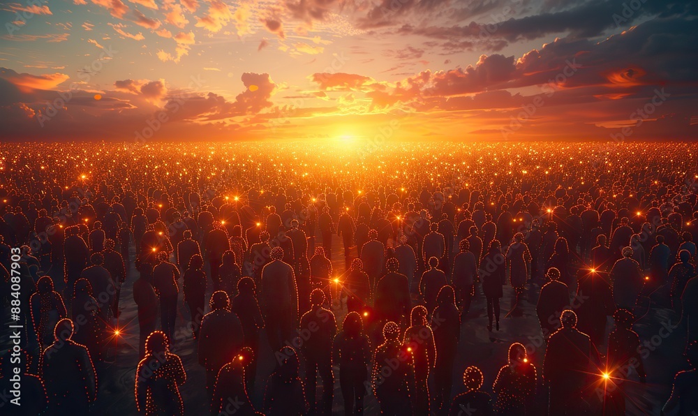 A vast multitude, unified by luminescent threads of light, forms a vibrant network of communication and connection. A vast multitude, unified by luminescent threads of light, forms a vibrant network of communication and connection.