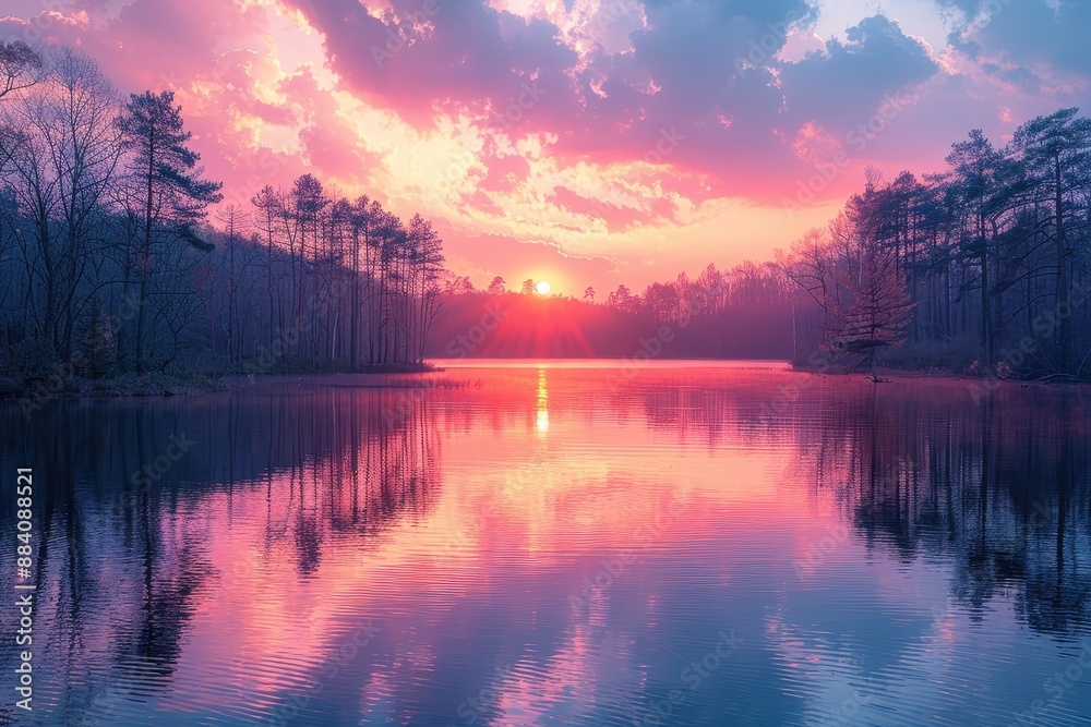 A vibrant sunset over a serene lake, with reflections of the colorful sky on the water's surface. A vibrant sunset over a serene lake, with reflections of the colorful sky on the water's surface.