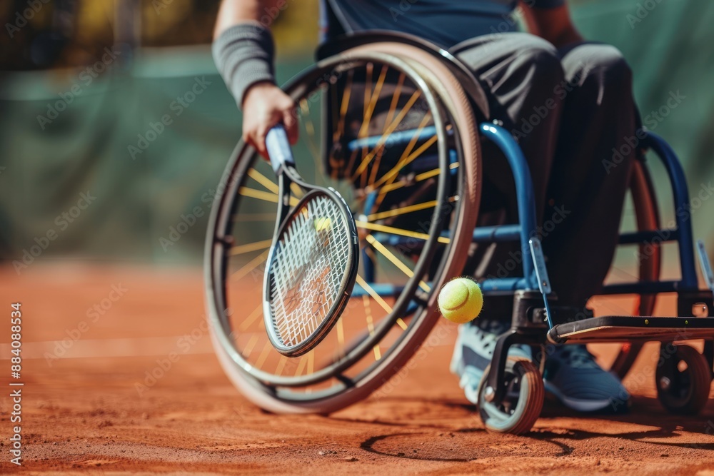 Close up Disabled man on a wheelchair plays tennis on a tennis court Close up Disabled man on a wheelchair plays tennis on a tennis court