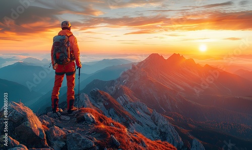 From a climber's perspective at the mountaintop's apex, the sunset evokes triumph and achievement.