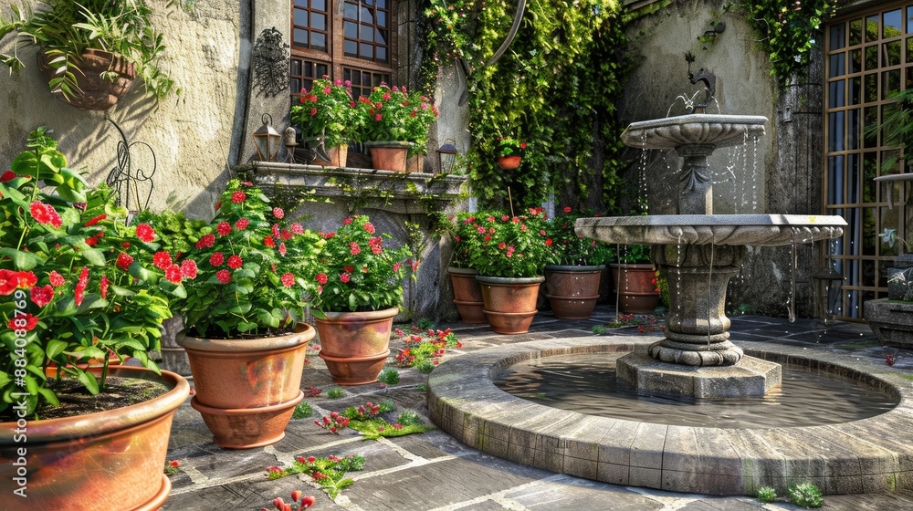 A charming courtyard garden with terracotta pots filled with geraniums, a stone fountain, and ivy-covered walls. A charming courtyard garden with terracotta pots filled with geraniums, a stone fountain, and ivy-covered walls.