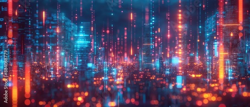 A futuristic city skyline with neon lights and glowing energy beams.