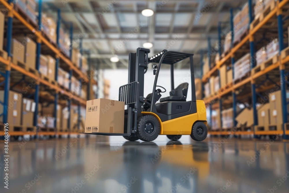Close up Forklift transporting cardboard boxes in a modern bright warehouse. Storage efficiency concept Close up Forklift transporting cardboard boxes in a modern bright warehouse. Storage efficiency concept