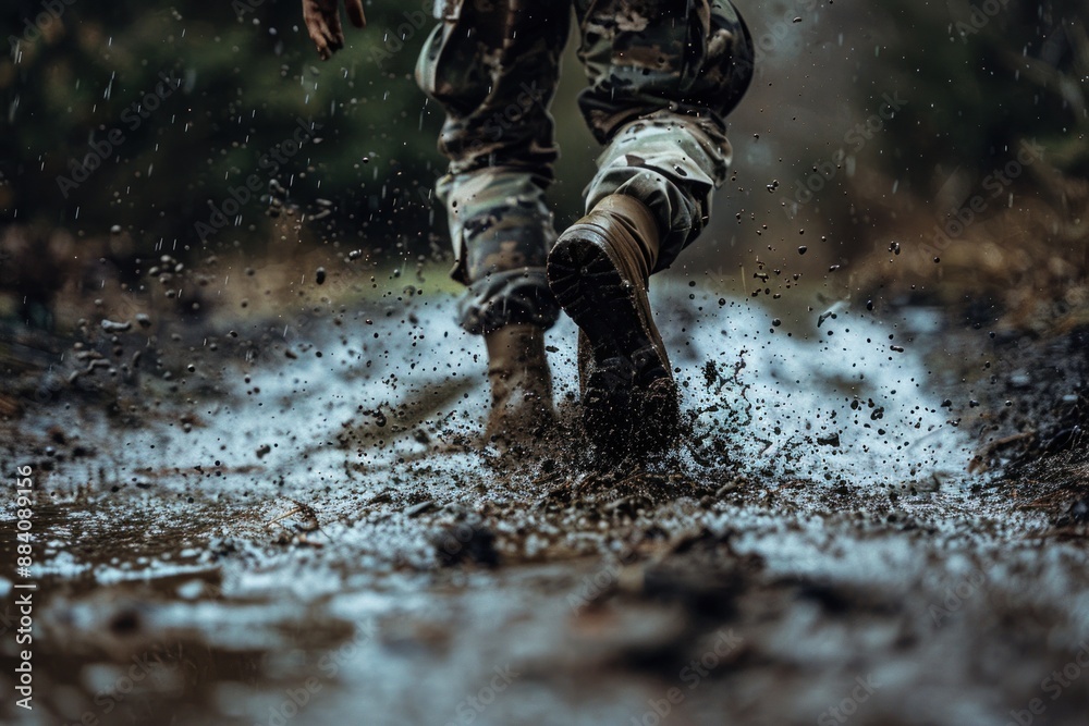 close up image of a military male person running on rainy muddy battlefield ground close up image of a military male person running on rainy muddy battlefield ground