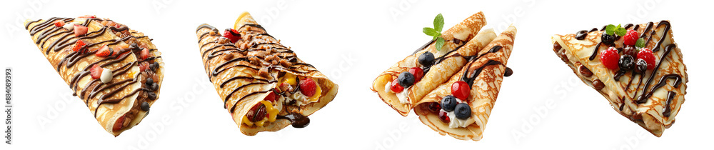 Variety of crepes with chocolate and fruit toppings and gourmet dessert transparent background Variety of crepes with chocolate and fruit toppings and gourmet dessert transparent background