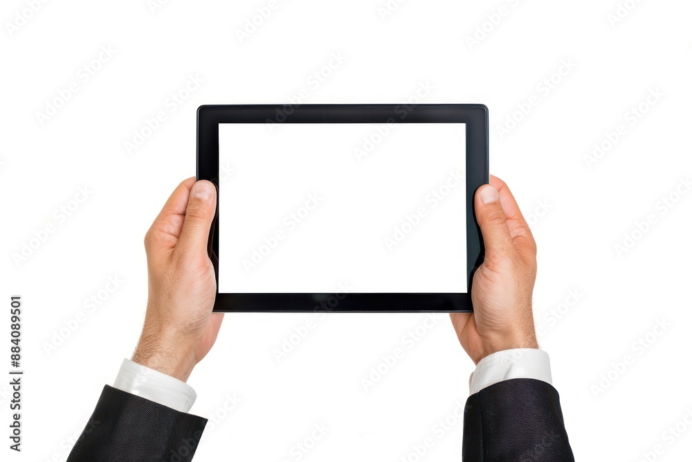 Close up man hands showing digital tablet against white background with empty screen hands holding digital tablet Close up man hands showing digital tablet against white background with empty screen hands holding digital tablet