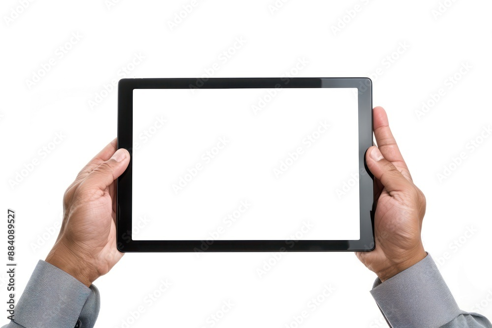 Close up man hands showing digital tablet against white background with empty screen hands holding digital tablet Close up man hands showing digital tablet against white background with empty screen hands holding digital tablet