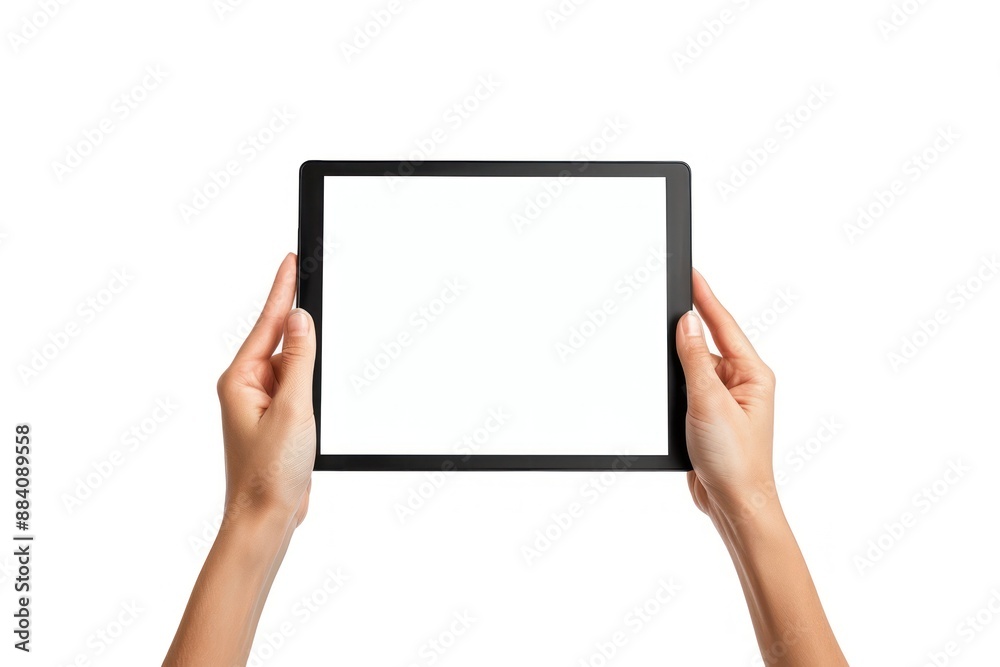 Close up man hands showing digital tablet against white background with empty screen hands holding digital tablet Close up man hands showing digital tablet against white background with empty screen hands holding digital tablet