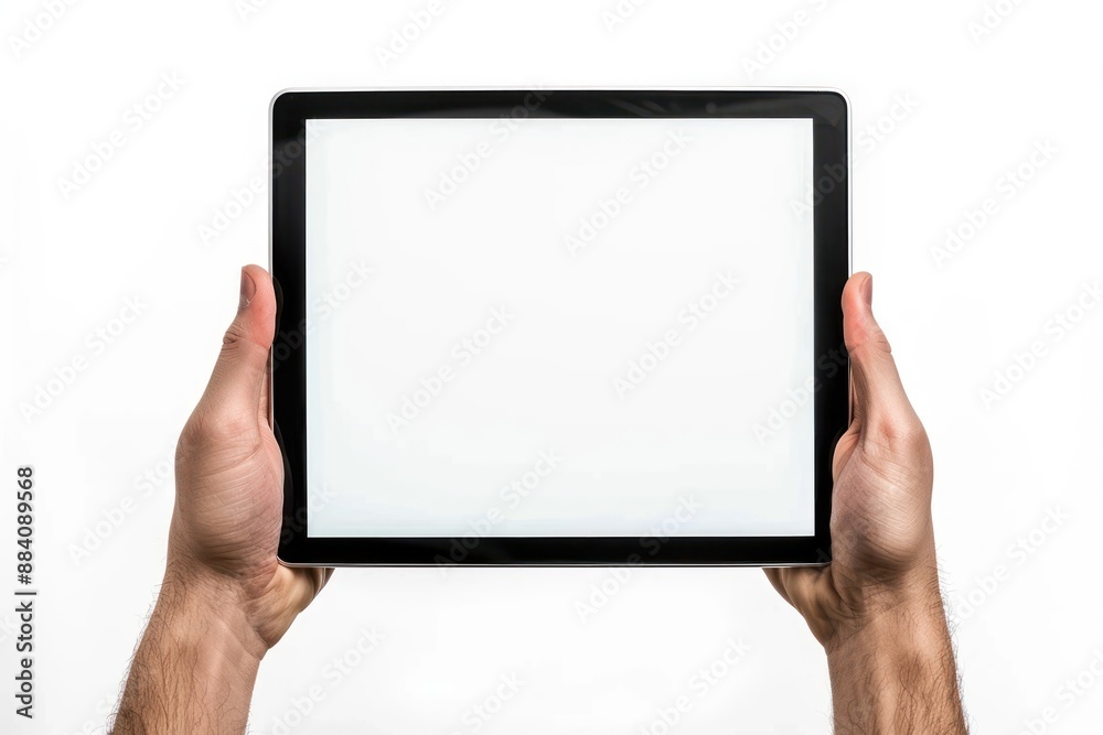 Close up man hands showing digital tablet against white background with empty screen hands holding digital tablet Close up man hands showing digital tablet against white background with empty screen hands holding digital tablet