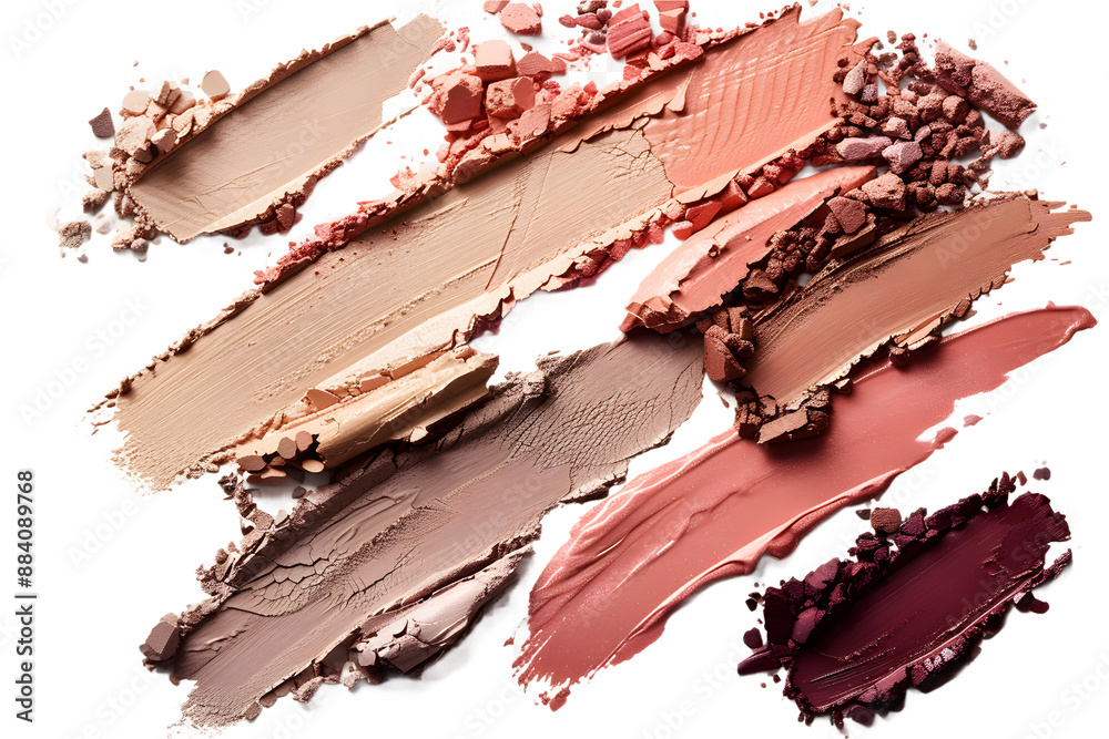 Various shades of cosmetics and lipstick smear smudge isolated on a white background, showcasing diverse color palette for beauty and makeup content, highlighting texture and application. Various shades of cosmetics and lipstick smear smudge isolated on a white background, showcasing diverse color palette for beauty and makeup content, highlighting texture and application.