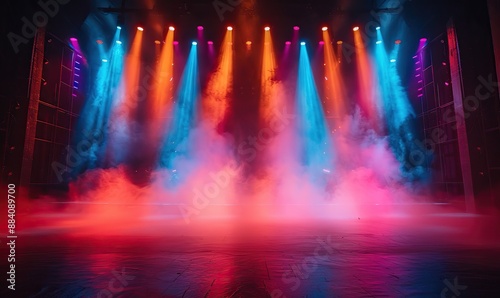 The stage is alight with colored spotlights and smoke, creating a dramatic scene background.