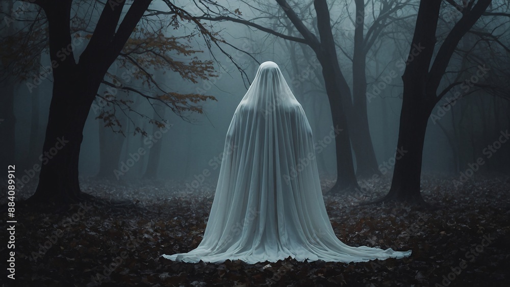A ghostly figure drifts through a softly colored and eerie atmosphere. AI generative. A ghostly figure drifts through a softly colored and eerie atmosphere. AI generative.