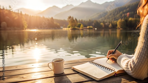 Serene Morning Routine by Lakeside with Journaling and Mindfulness. Perfect for: Earth Day, Wellness Retreats, Yoga Retreats