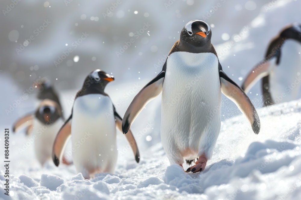 Obraz premium Close up penguins traversing over a white snow field