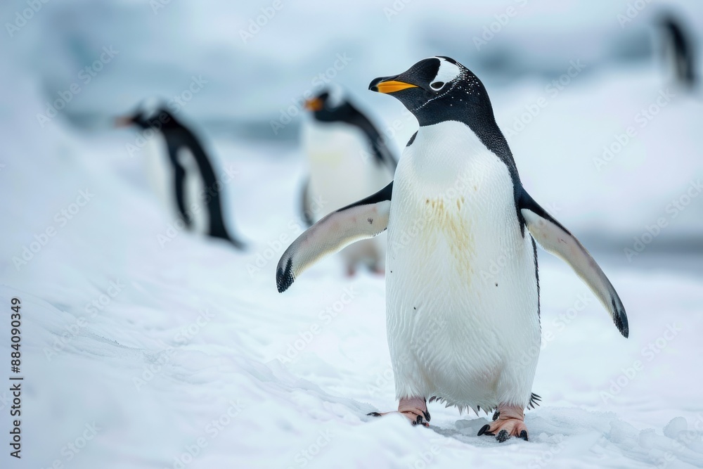 Fototapeta premium Close up penguins traversing over a white snow field