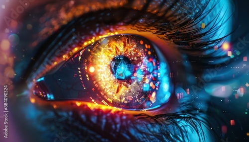 The Optical Biometrics Eye Futuristic Cyberspace Technology Neural Network with Beautiful Colors Scan