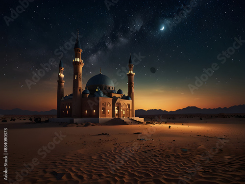 A night scene with a mosque in the middle of the deser  (4)