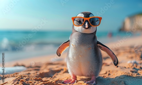 A penguin wearing sunglasses stands on a sunny beach on a hot day, embodying the concept of climate change. photo