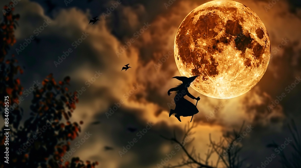 Naklejka premium a witch flying durring a full moon ,generative ai