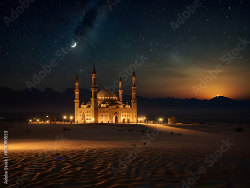 A night scene with a mosque in the middle of the deser  (3)