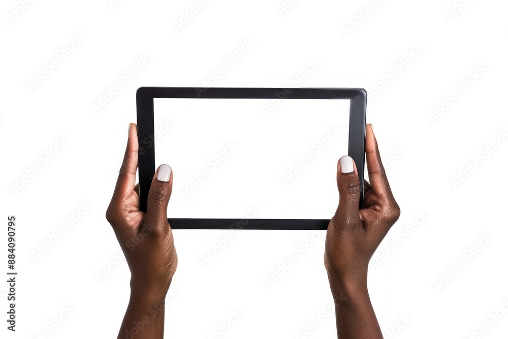 Close up woman hands showing digital tablet against white background with empty screen Black girl hand Close up woman hands showing digital tablet against white background with empty screen Black girl hand