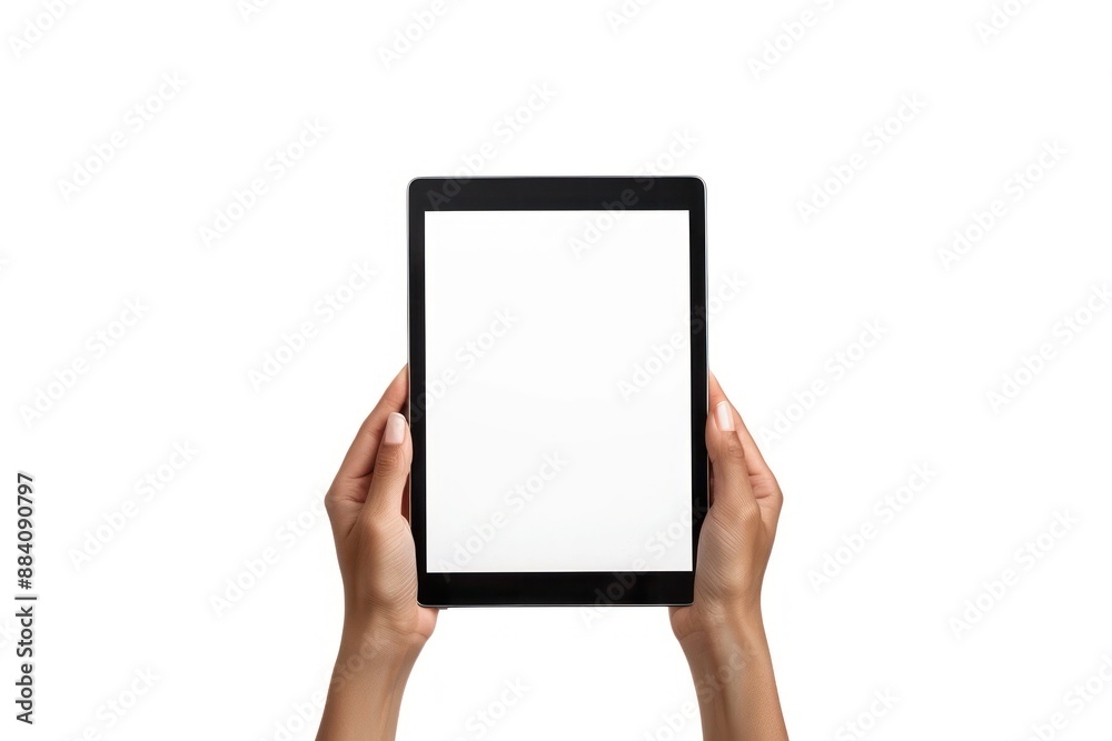 Close up woman hands showing digital tablet against white background with empty screen Black girl hand Close up woman hands showing digital tablet against white background with empty screen Black girl hand