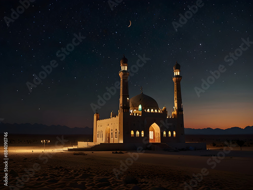 A night scene with a mosque in the middle of the deser  (2)