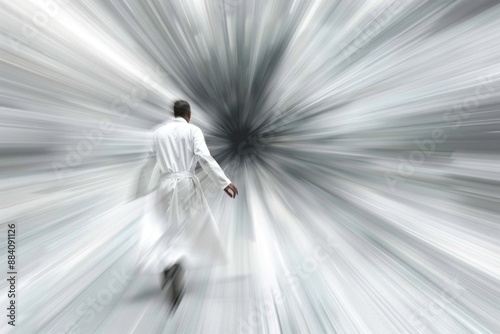 A lone figure, dressed in white, runs toward a swirling vortex of light and shadow, their destination unclear