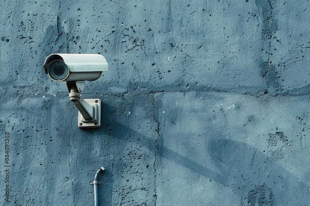 A security camera is mounted on a textured blue wall, its lens pointed directly at the viewer A security camera is mounted on a textured blue wall, its lens pointed directly at the viewer
