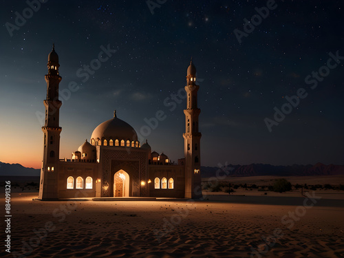 A night scene with a mosque in the middle of the deser
