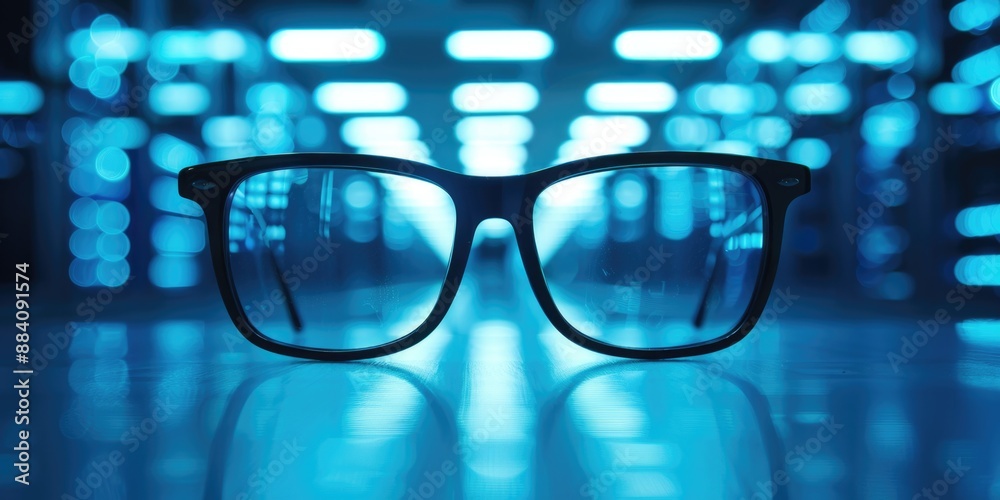 A pair of black eyeglasses sits on a surface, reflecting a background of blurred blue lights A pair of black eyeglasses sits on a surface, reflecting a background of blurred blue lights
