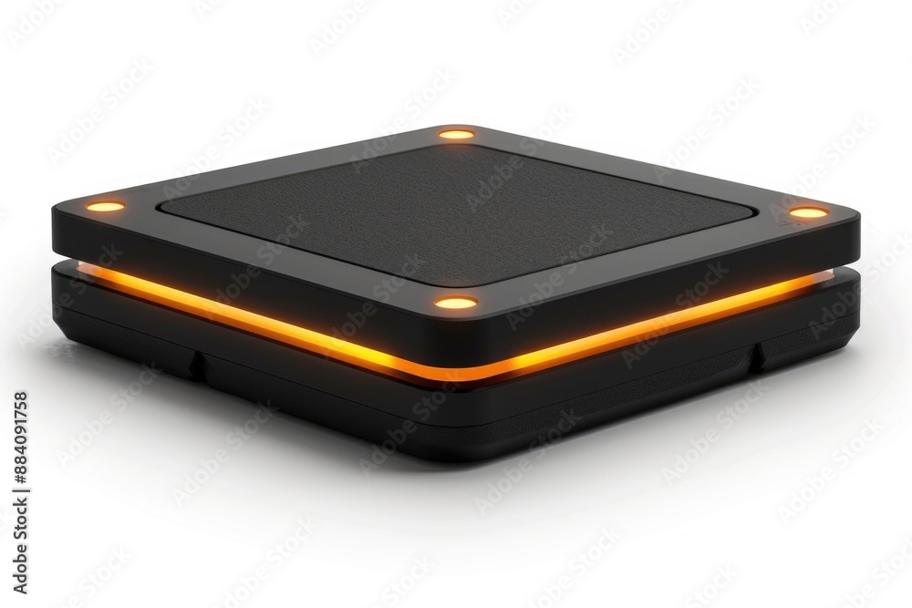 A black, square-shaped device with glowing orange lights around the edges rests on a white surface A black, square-shaped device with glowing orange lights around the edges rests on a white surface