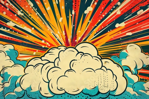 Colorful Vintage Comic Book Illustration of Explosion with Exaggerated Clouds and Lines