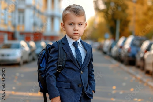 A young boy in a suit and tie walks down a city street on his way to school, carrying a backpack